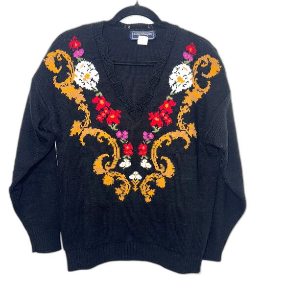 Vintage Nortan McNaughton Petite Floral Grandma Sweater - Black/Multi PM - Picture 1 of 6